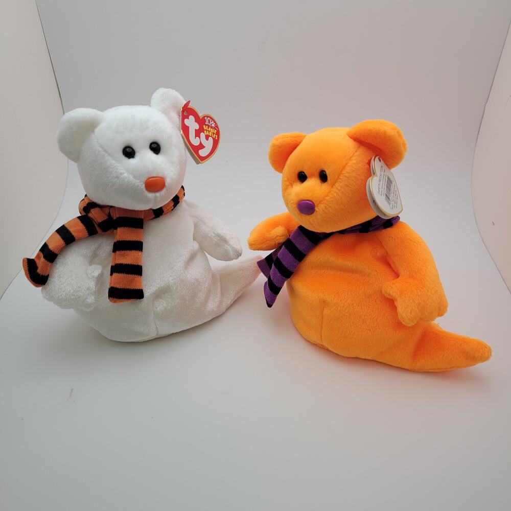 Ty Halloween Beanie Babies Plush Lot Shivers & Quivers Ghost Bear Spooky Cute